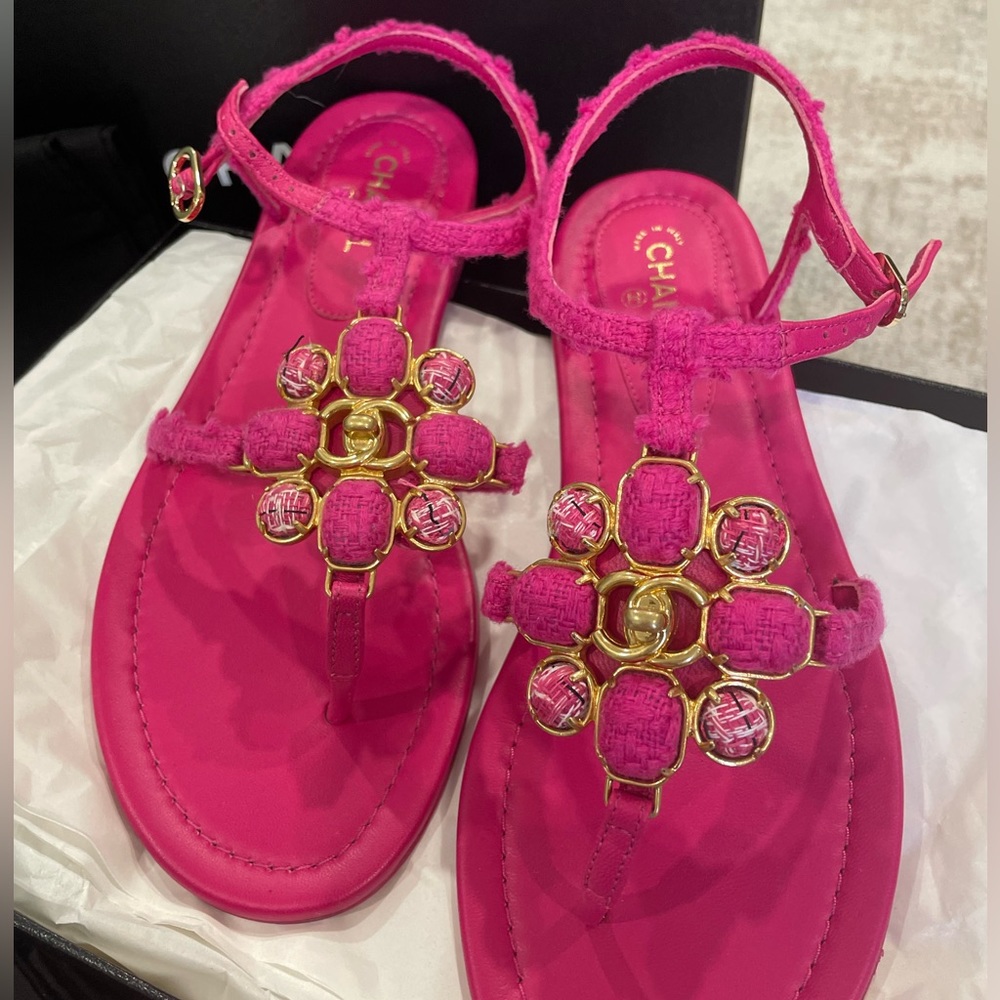 Chanel 22k pink tweed sandals